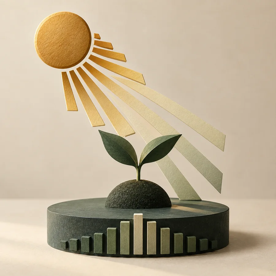 Sculptural sunlight falling on a seedling