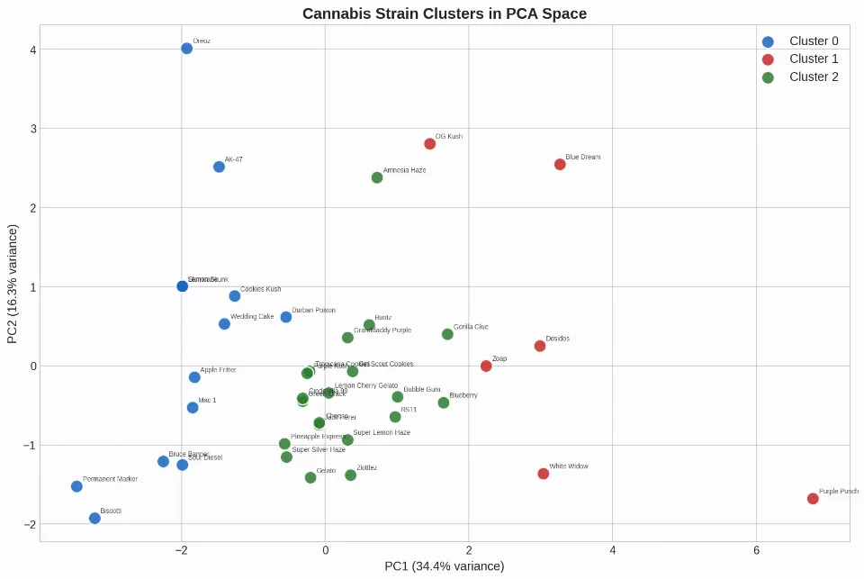 PCA scatter plot of all 39 strains, colored by Cluster 0, 1, or 2.