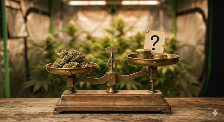 Cannabis buds on one side of a vintage brass balance scale with a question mark card on the other side, in front of a cannabis grow tent background