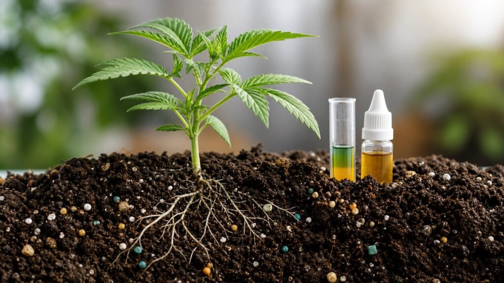 Young plant in soil with visible roots, nutrient granules, and pH testing drops.